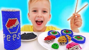 Kid Builds Colorful Magnetic Ball Sushi and Giant Soda Can - Magnet Art for Kids